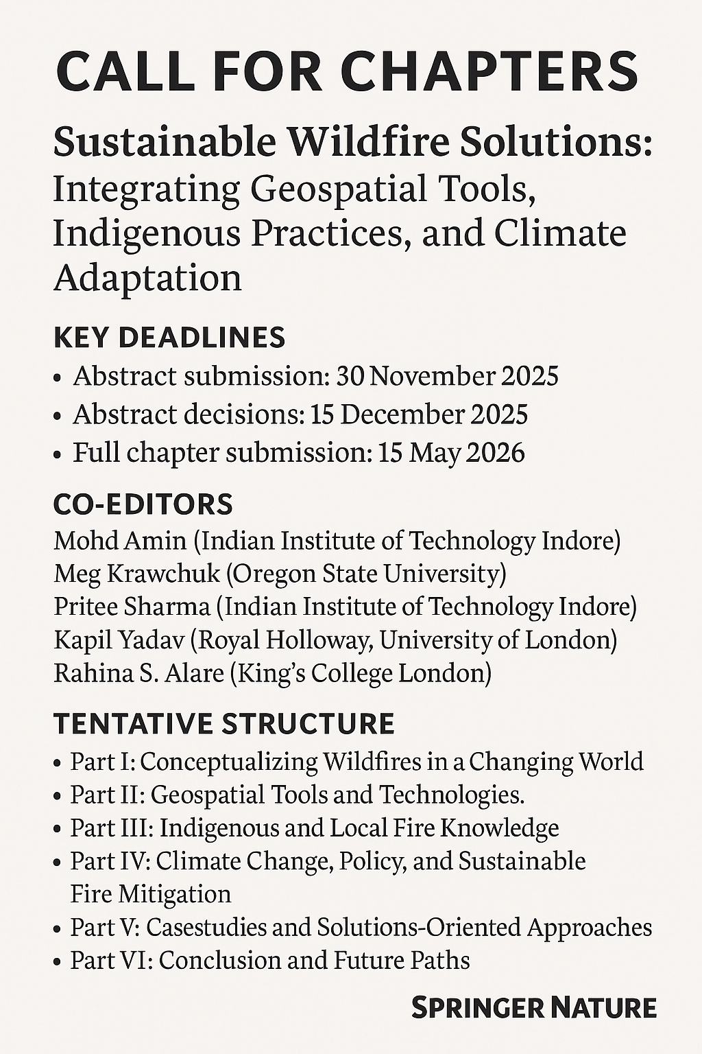Call for Chapters: Sustainable Wildfire Solutions: Integrating Geospatial Tools, Indigenous Practices, and Climate Adaptation